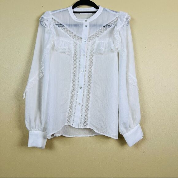 MNG MANGO Blouse Top White Ruffle Lace Size L - Picture 4 of 10